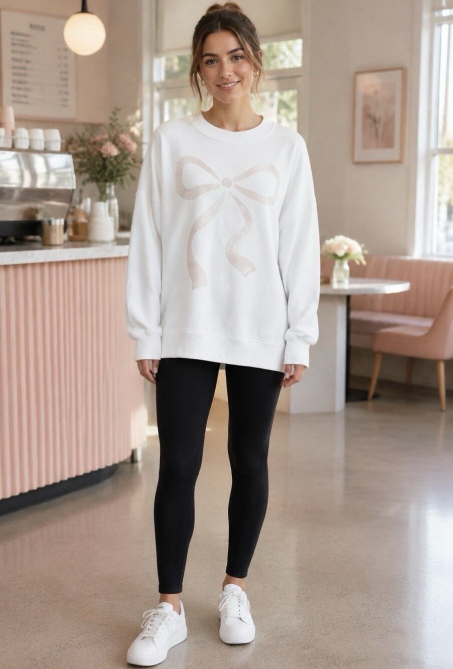Aerie Sweatshirt Womens XS White Pink Bow Graphic Oversized Coquette Keyhole
